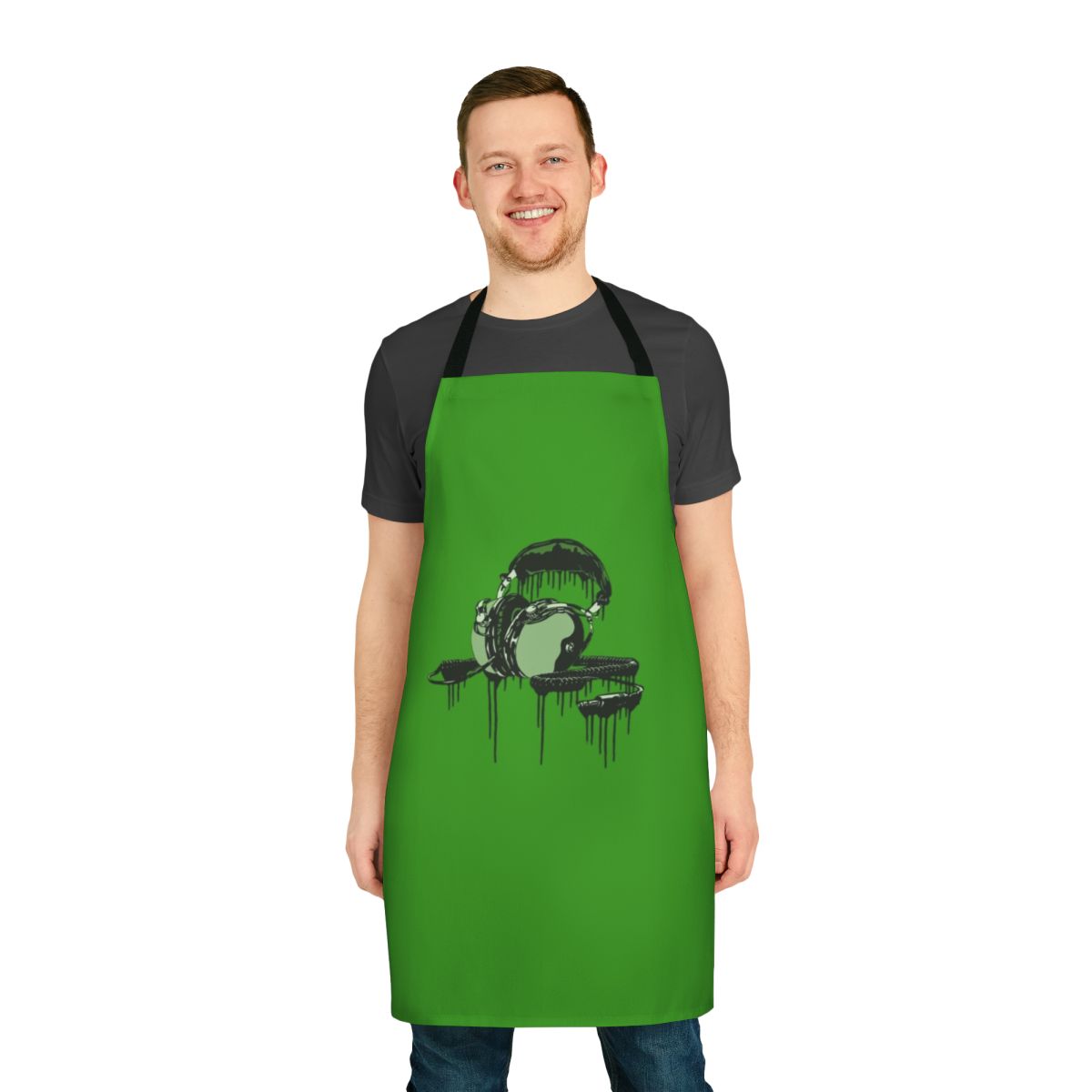 Retro-style apron featuring a seashell and sound wave graphic design inspired by 1970s album covers and headphones