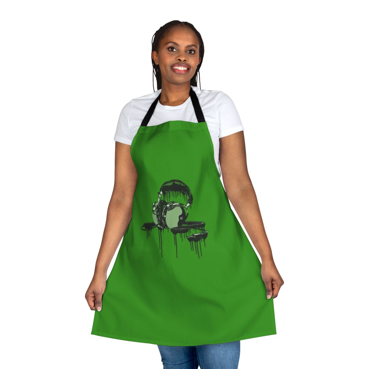 Retro-style apron featuring a seashell and sound wave graphic design inspired by 1970s album covers and headphones