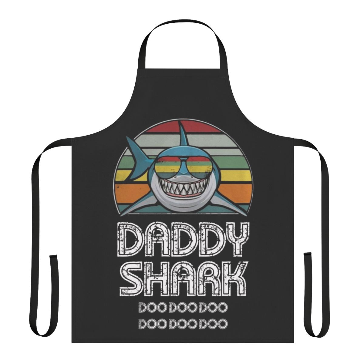 Retro-style apron featuring a colorful shark design, perfect for dads and family cooking.