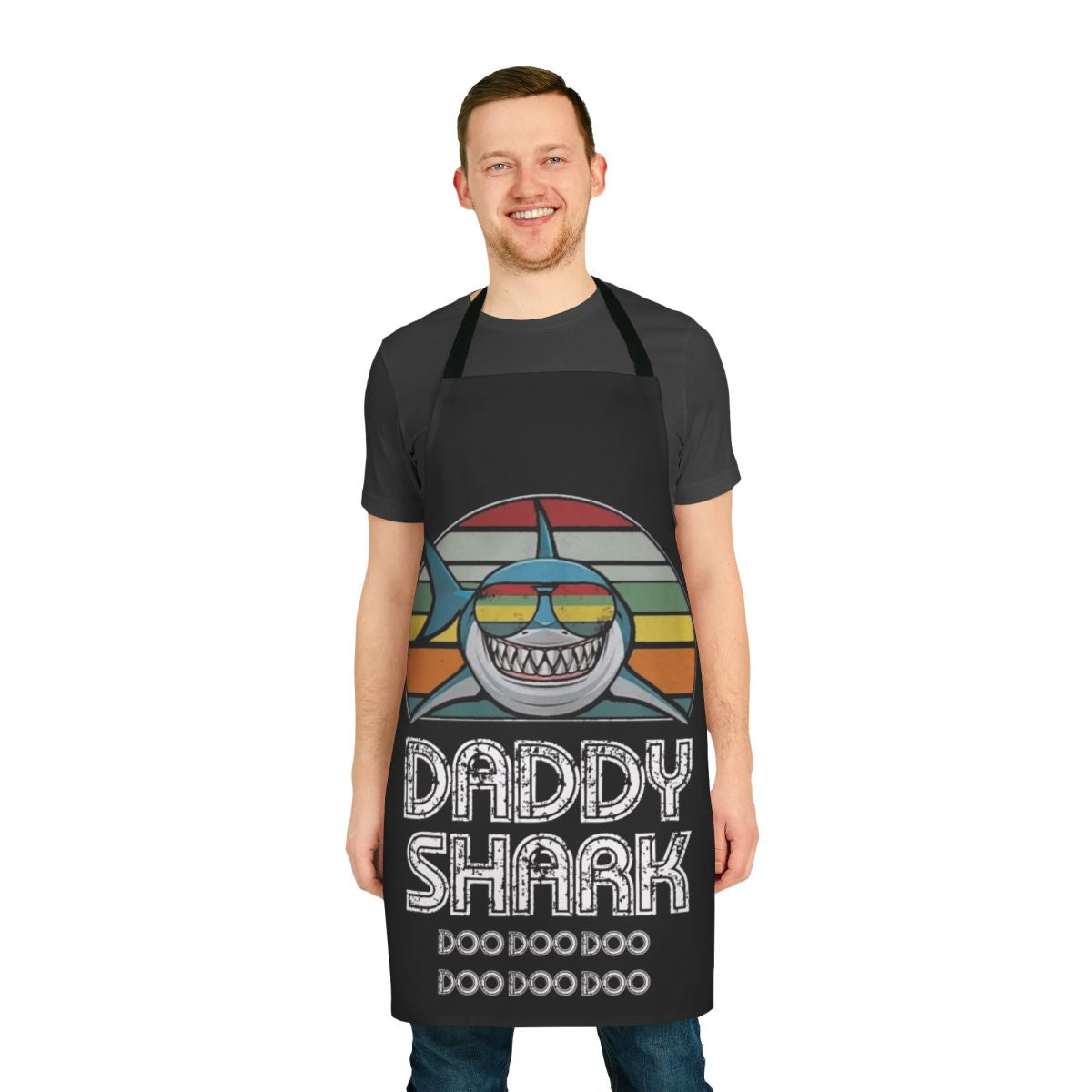 Retro-style apron featuring a colorful shark design, perfect for dads and family cooking.
