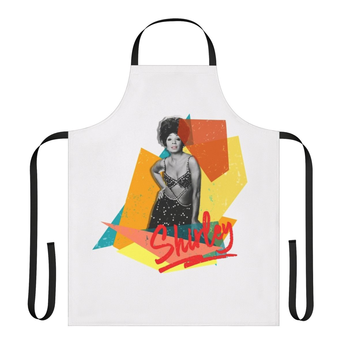 Colorful vintage-style apron featuring Shirley Bassey's name and music imagery