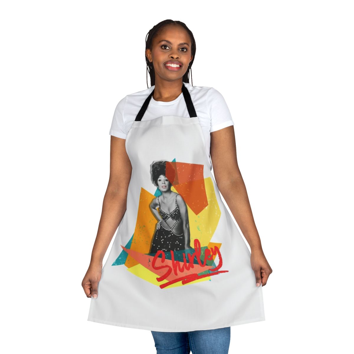 Colorful vintage-style apron featuring Shirley Bassey's name and music imagery