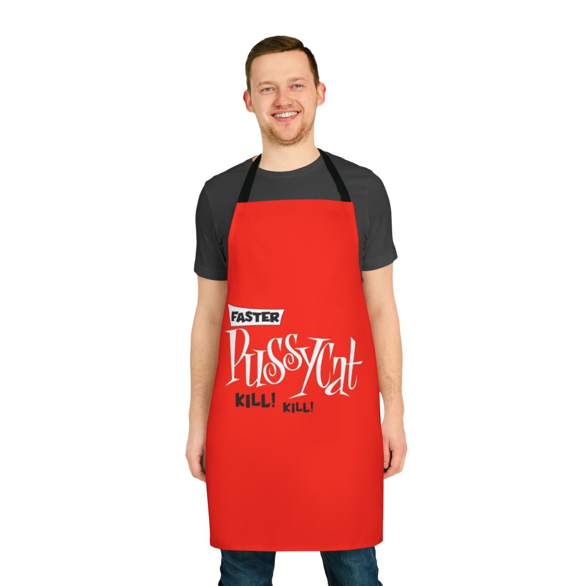 Retro-style apron featuring the iconic "Faster Pussycat Kill Kill" movie poster design