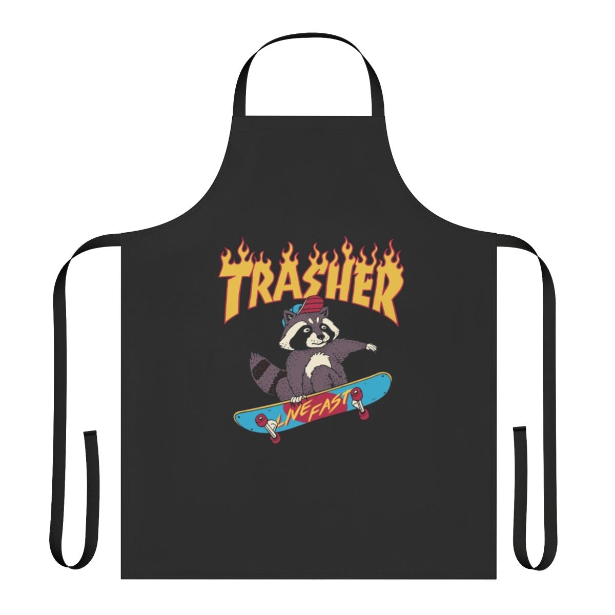 Retro skateboard inspired apron with a bold, graphic raccoon and trash design