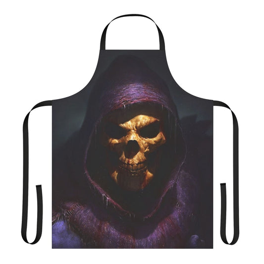 A detailed illustration of Skeletor, the iconic villain from Masters of the Universe, featured on a practical and stylish kitchen apron.