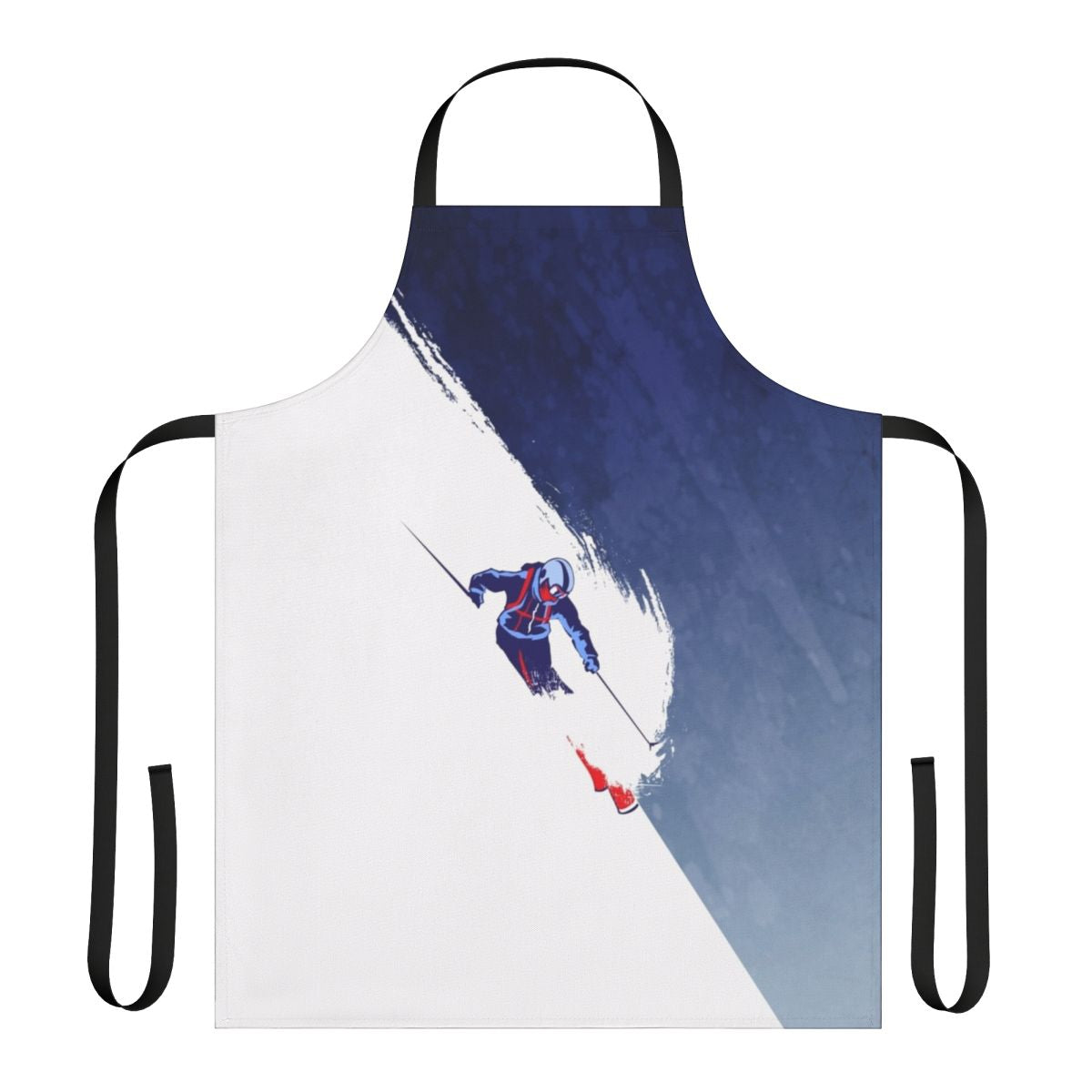 Powder skiing-themed apron with retro ski illustration and motivational slogan