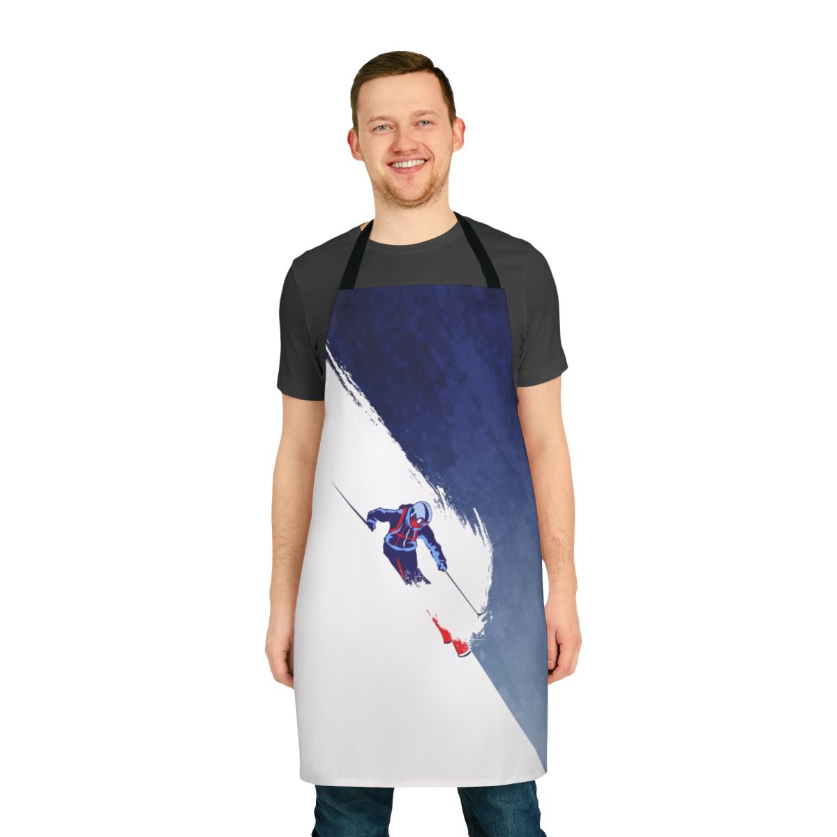 Powder skiing-themed apron with retro ski illustration and motivational slogan