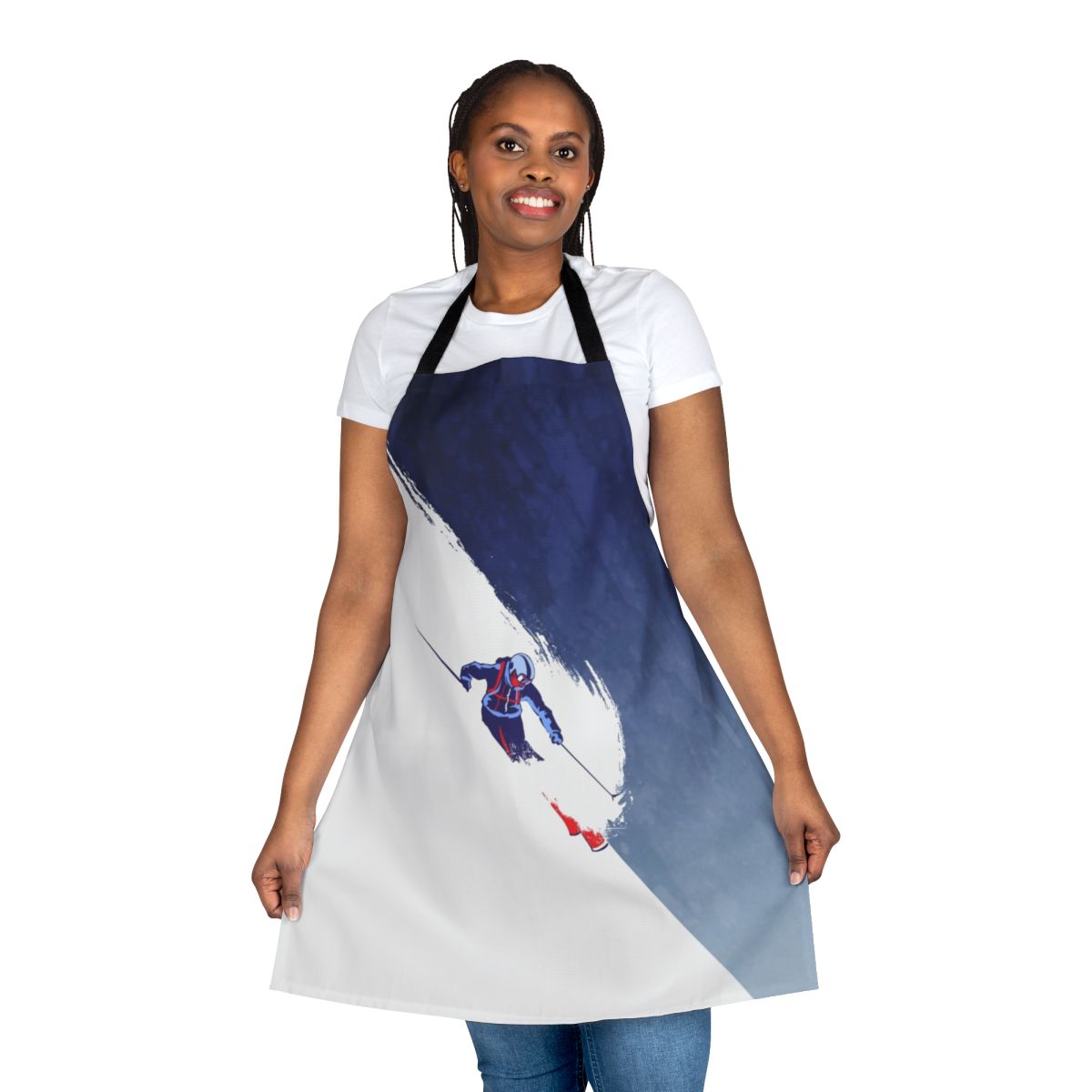 Powder skiing-themed apron with retro ski illustration and motivational slogan