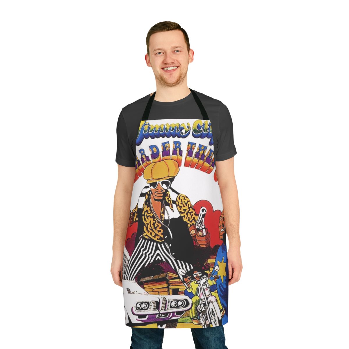 Retro skinhead-inspired apron with graphics related to Jamaican music genres like reggae, ska, and dub