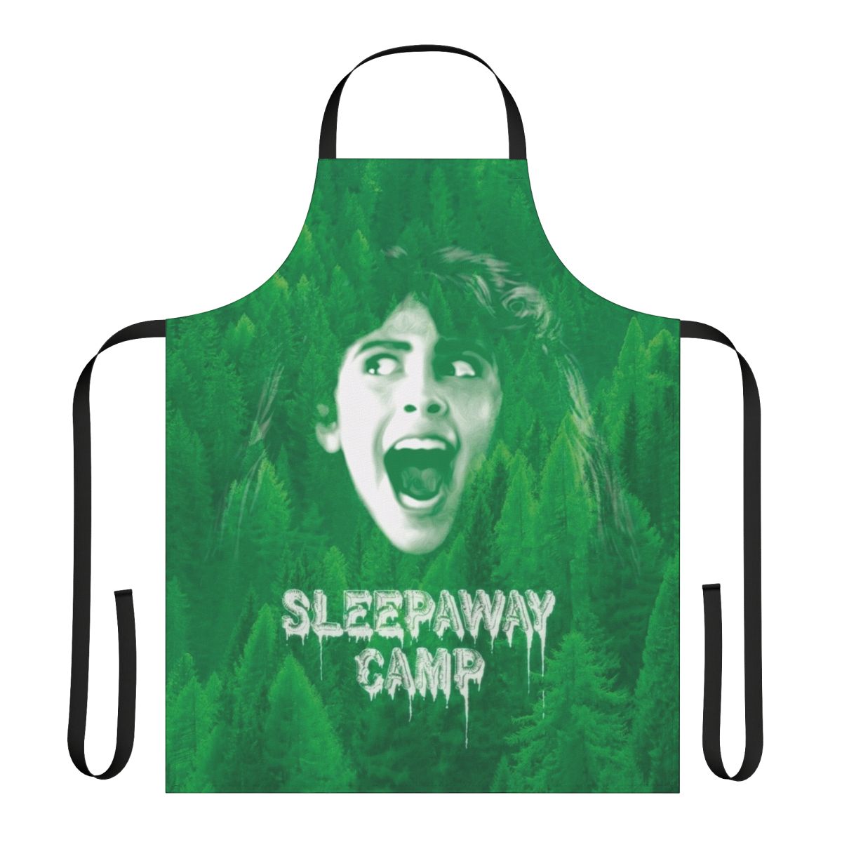 Sleepaway Camp themed apron with a green forest and tree design