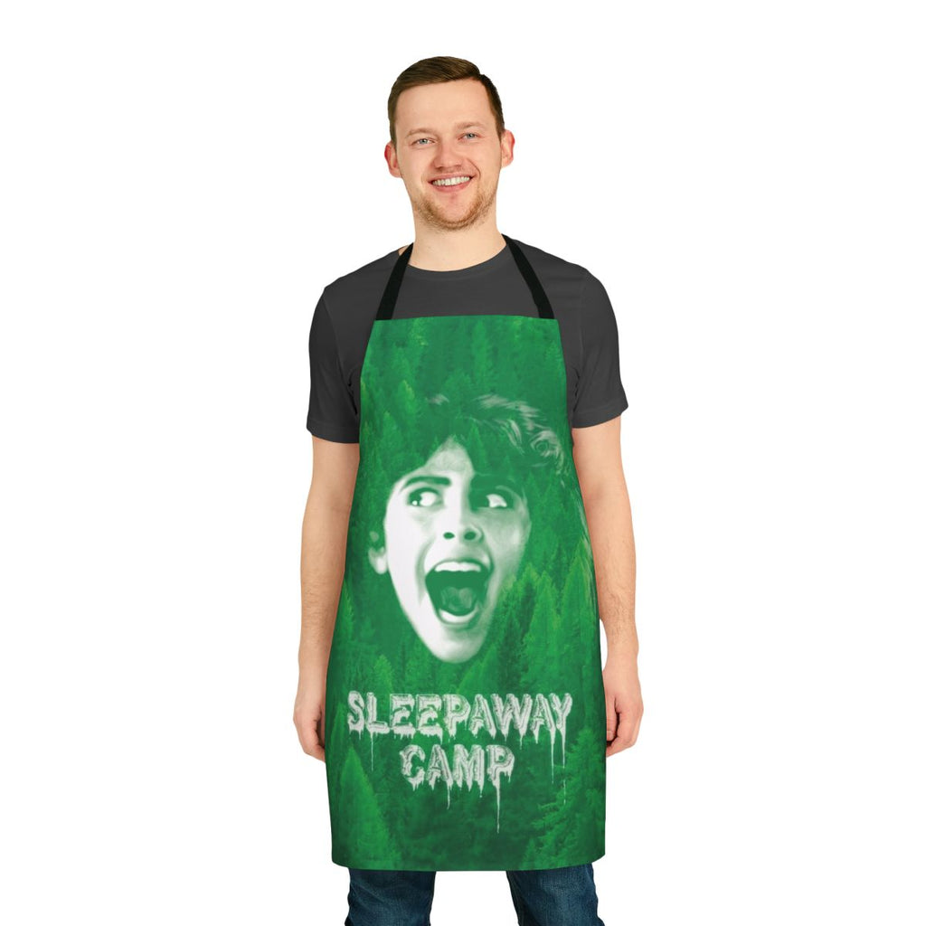 Sleepaway Camp themed apron with a green forest and tree design