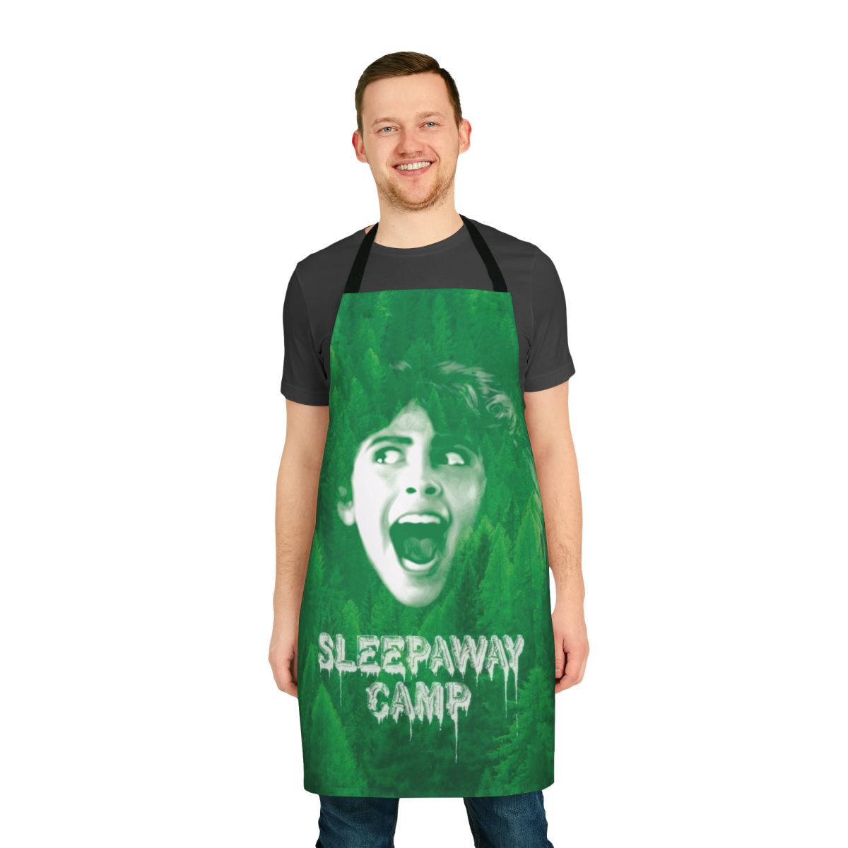 Sleepaway Camp themed apron with a green forest and tree design