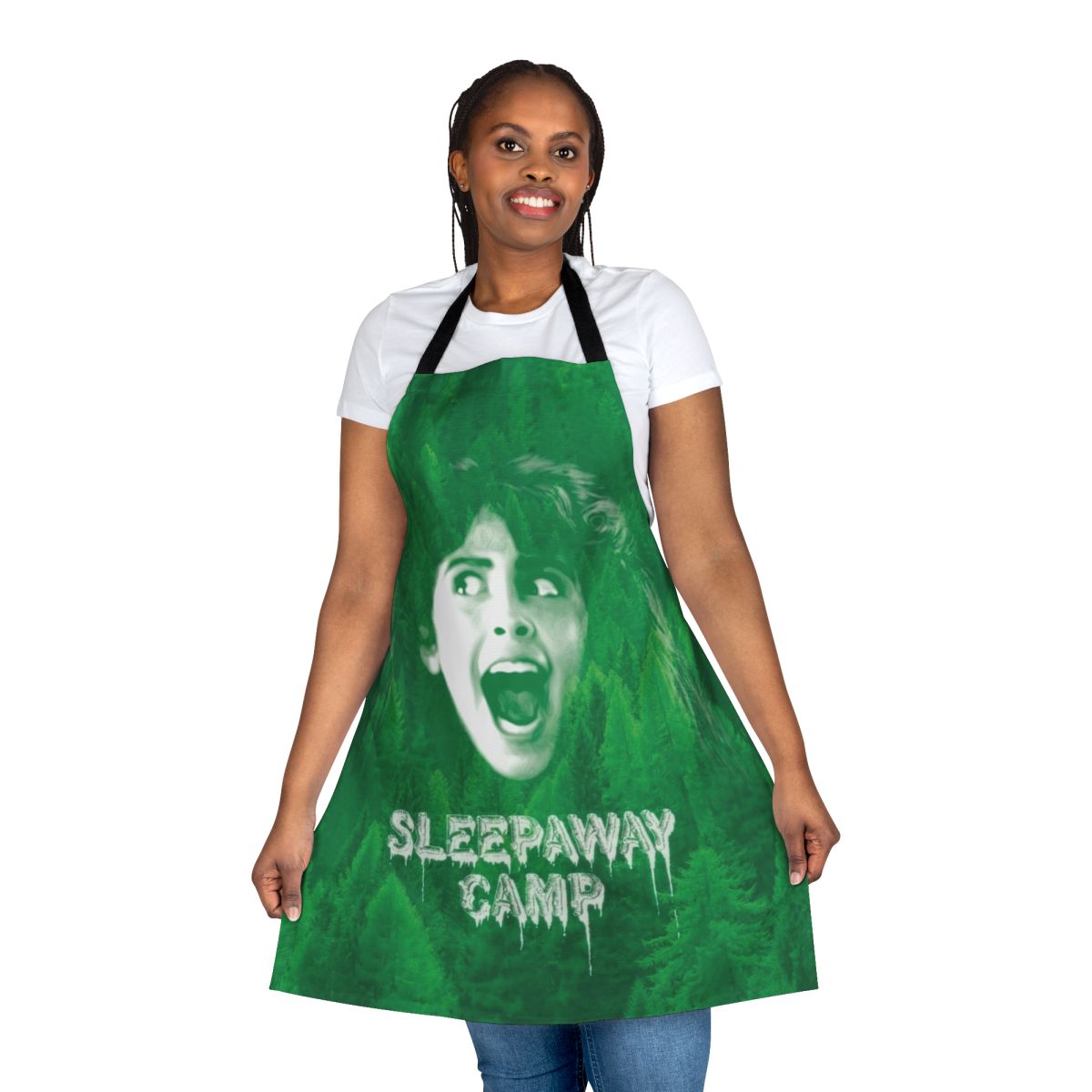 Sleepaway Camp themed apron with a green forest and tree design