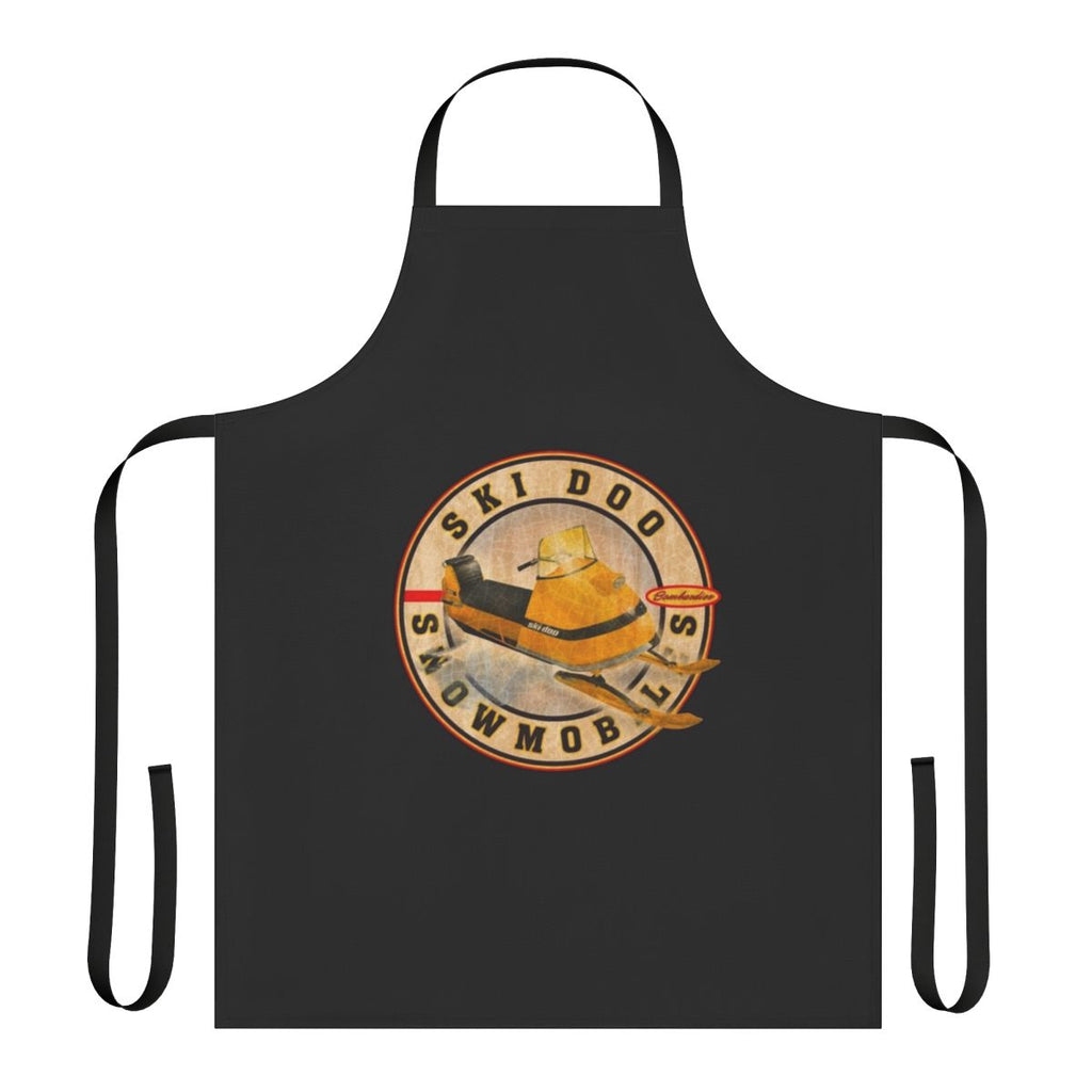 Vintage Ski Doo snowmobile graphics on a classic black apron