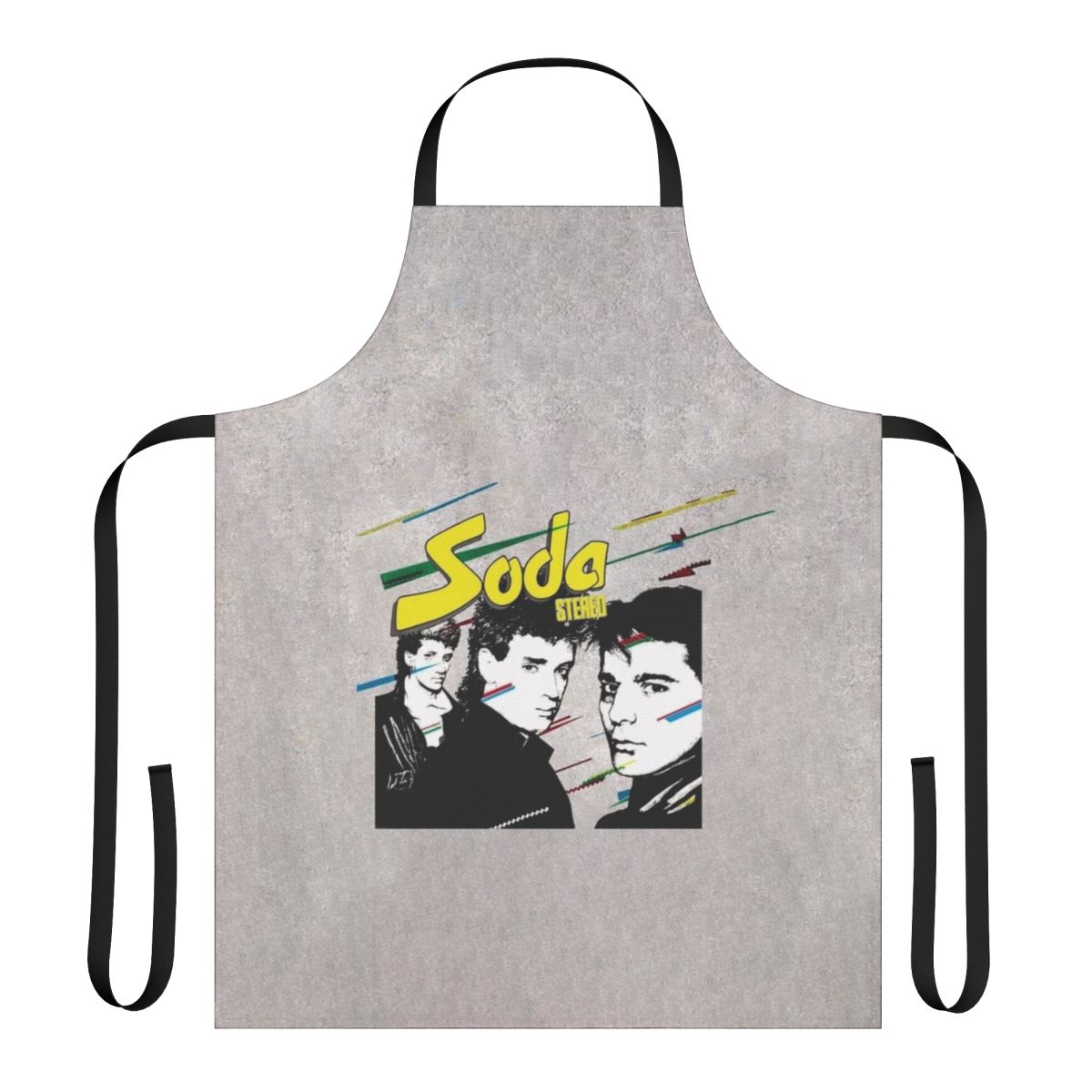 Retro graphic design apron featuring the iconic Soda Stereo music group from Argentina