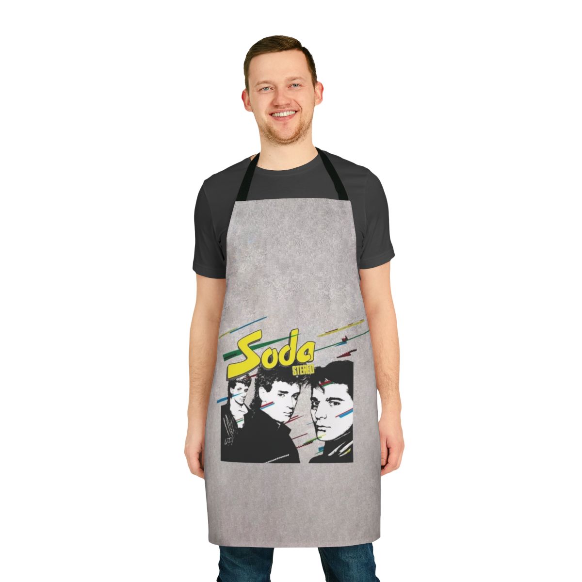Retro graphic design apron featuring the iconic Soda Stereo music group from Argentina