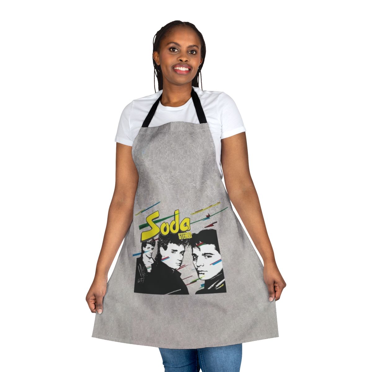 Retro graphic design apron featuring the iconic Soda Stereo music group from Argentina