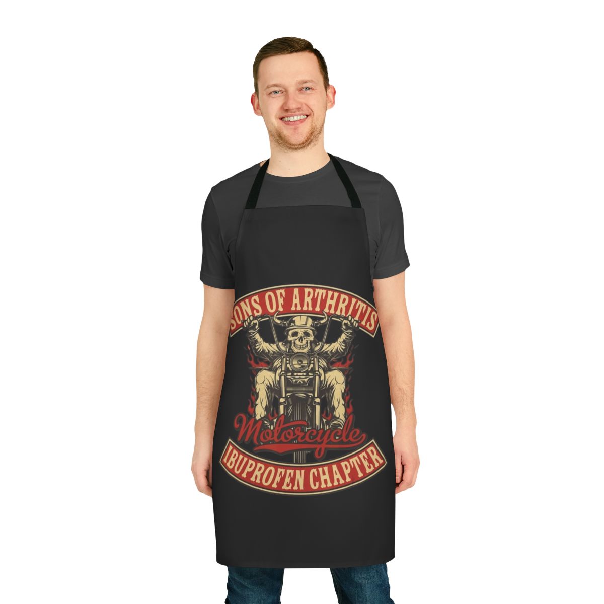 Vintage style ibuprofen biker apron with motorcycle and gearhead design