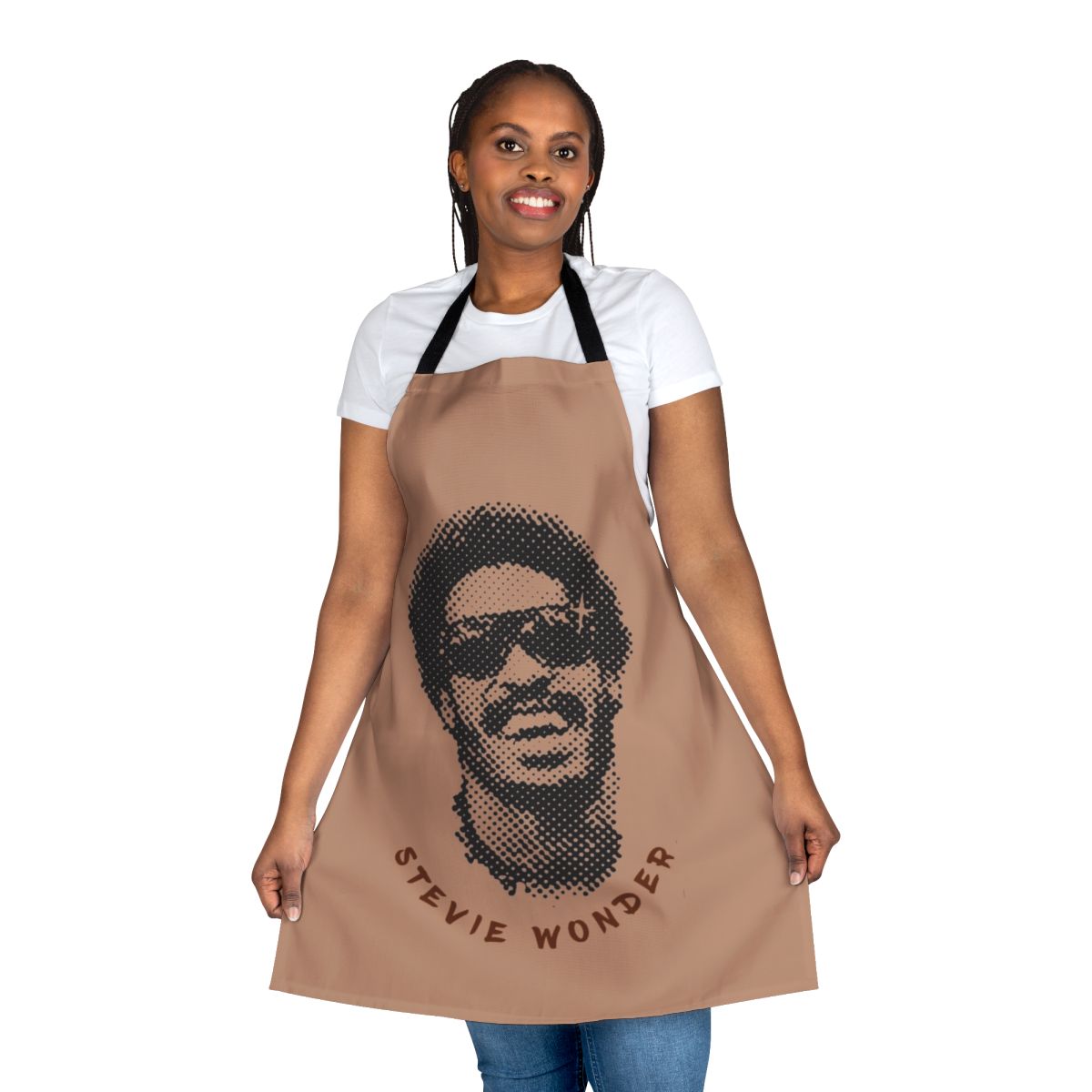 Vibrant apron featuring a pop art-style portrait of Stevie Wonder