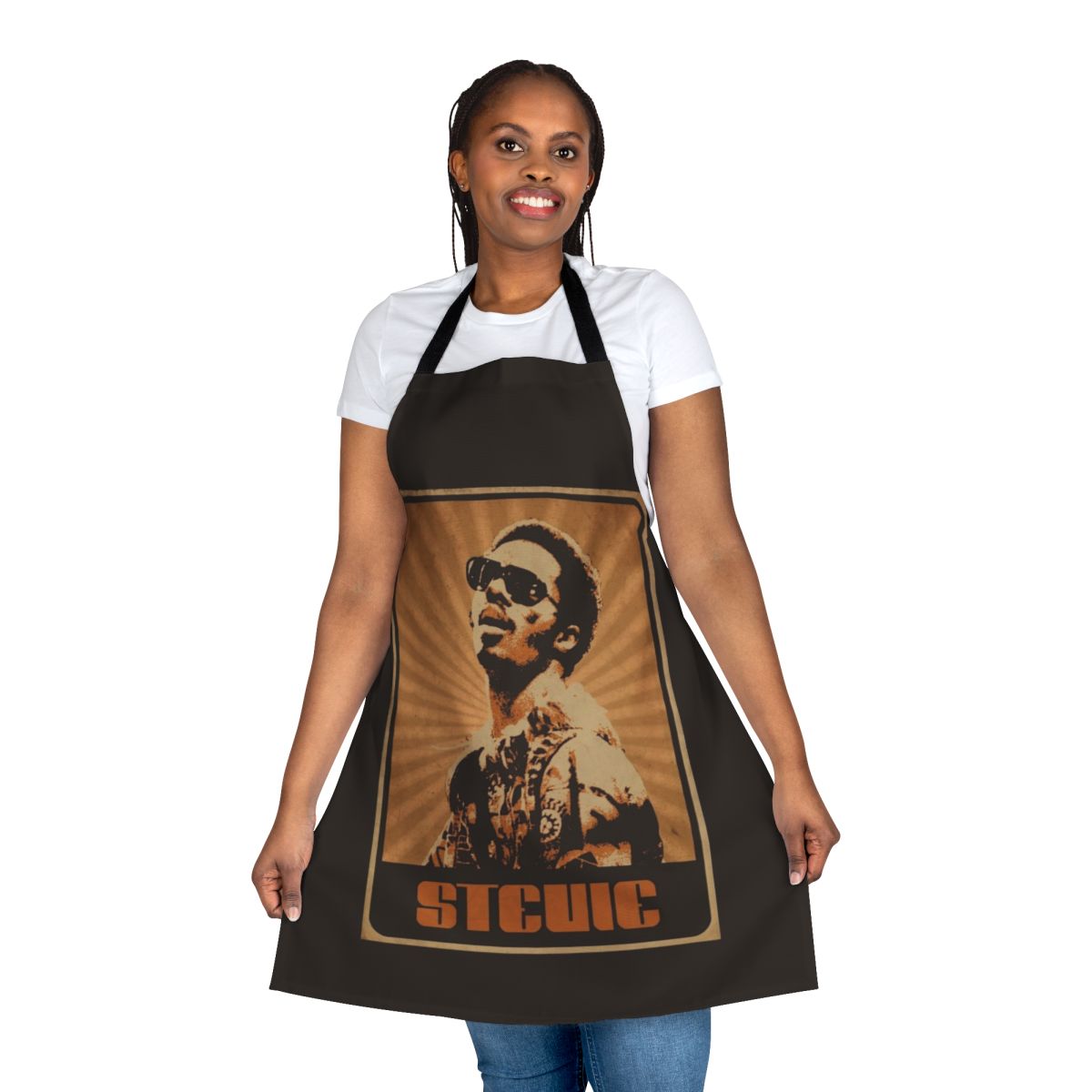 Retro soul music inspired apron featuring the image of Stevie Wonder
