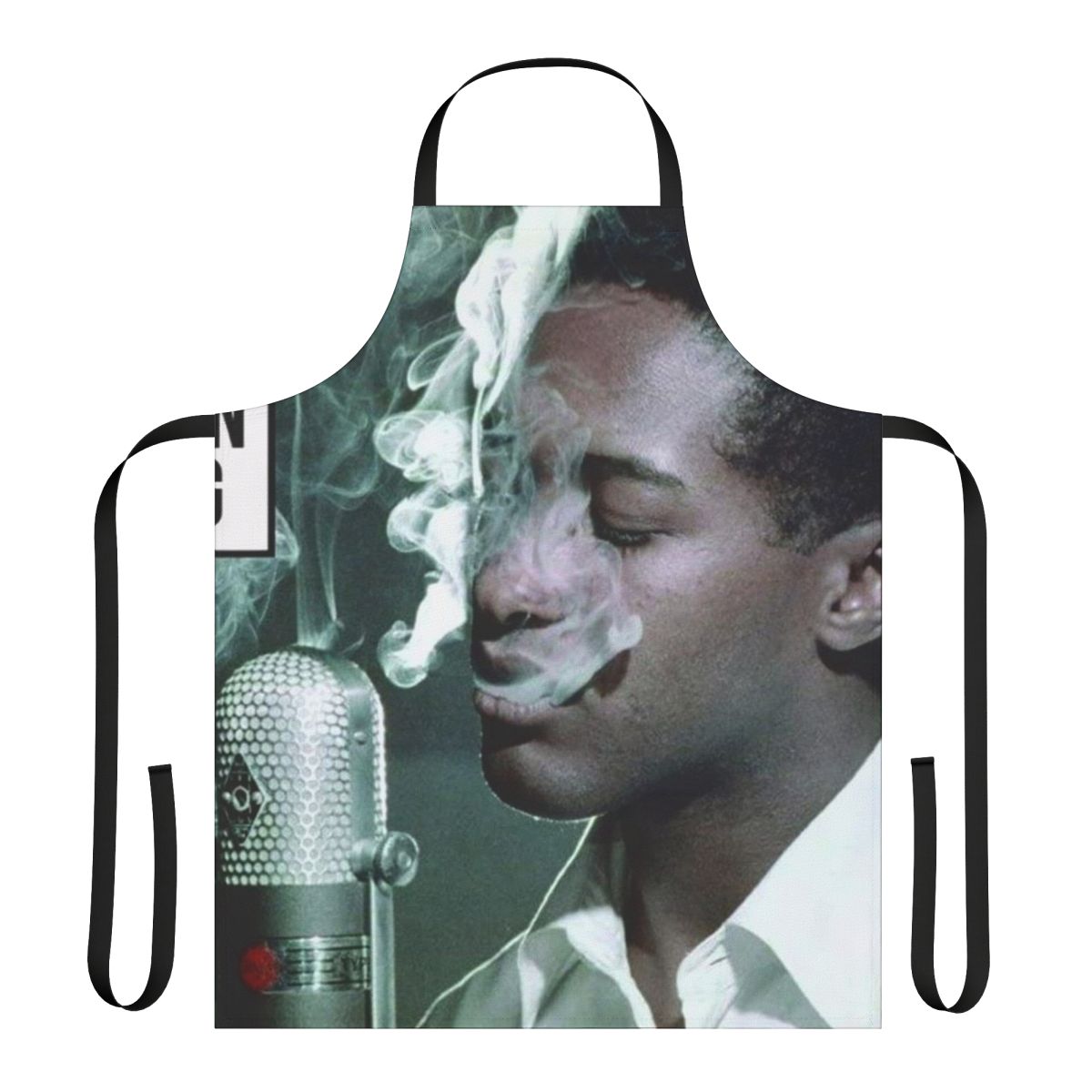 Retro-style cooking apron featuring a vintage soul music album cover design