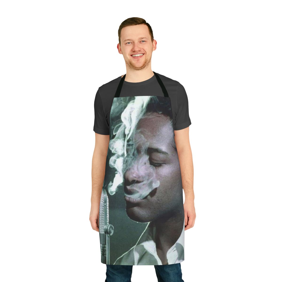 Retro-style cooking apron featuring a vintage soul music album cover design