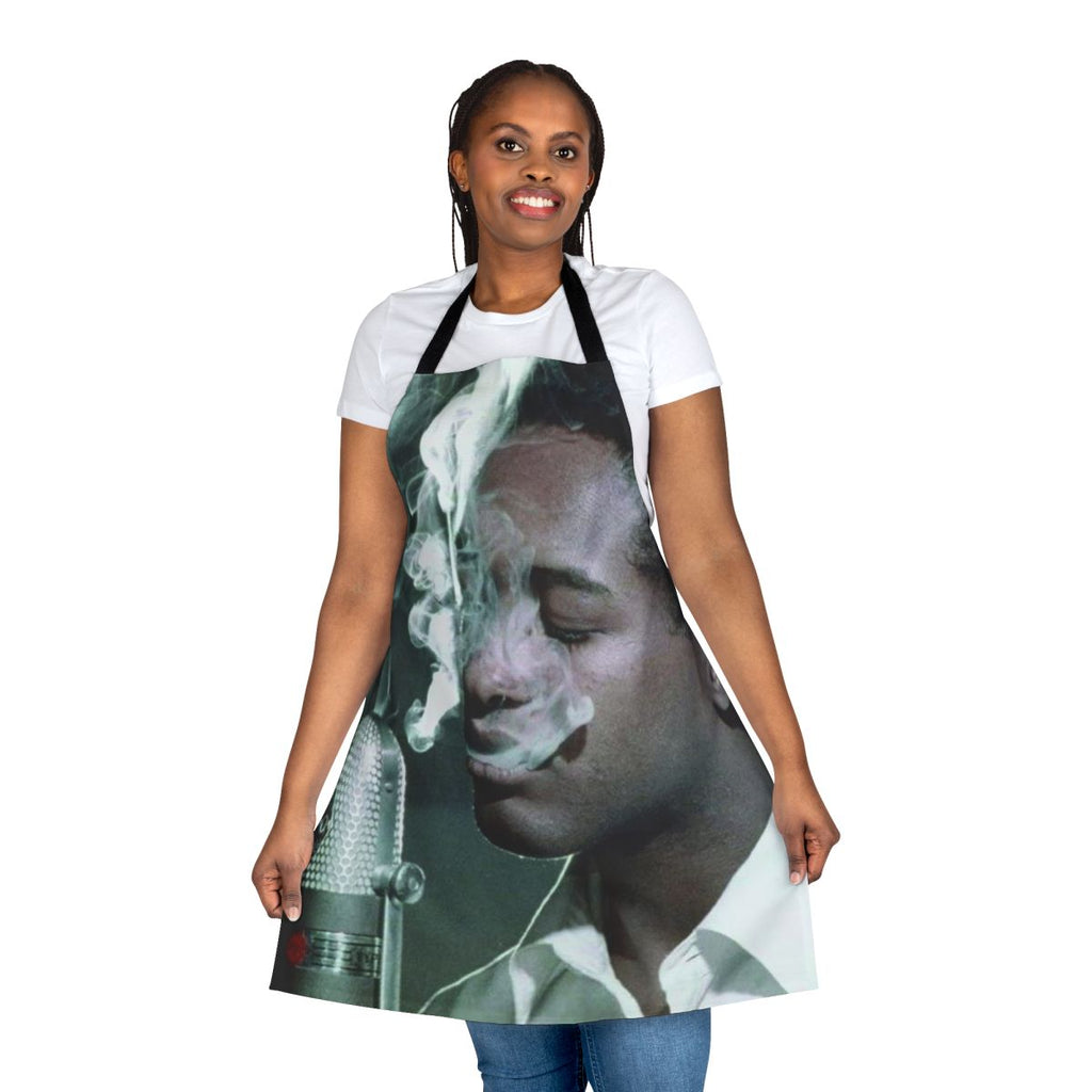 Retro-style cooking apron featuring a vintage soul music album cover design