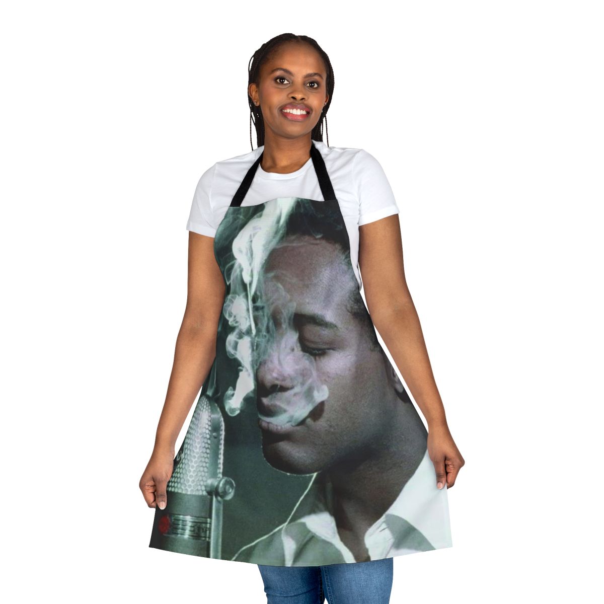 Retro-style cooking apron featuring a vintage soul music album cover design