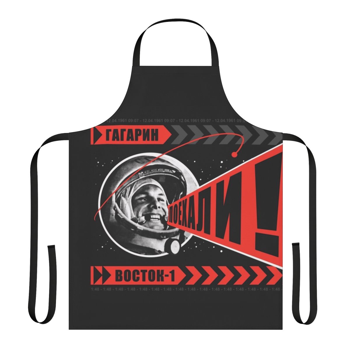 Retro Soviet-Inspired Poyekhali Apron with Cosmonaut and Space Imagery