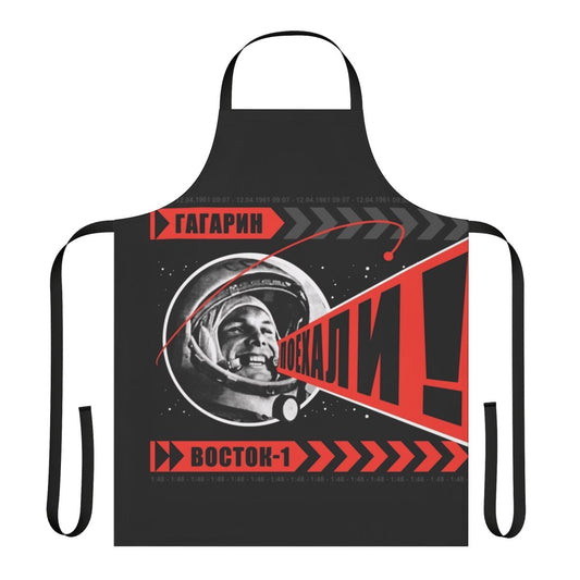 Retro Soviet-Inspired Poyekhali Apron with Cosmonaut and Space Imagery
