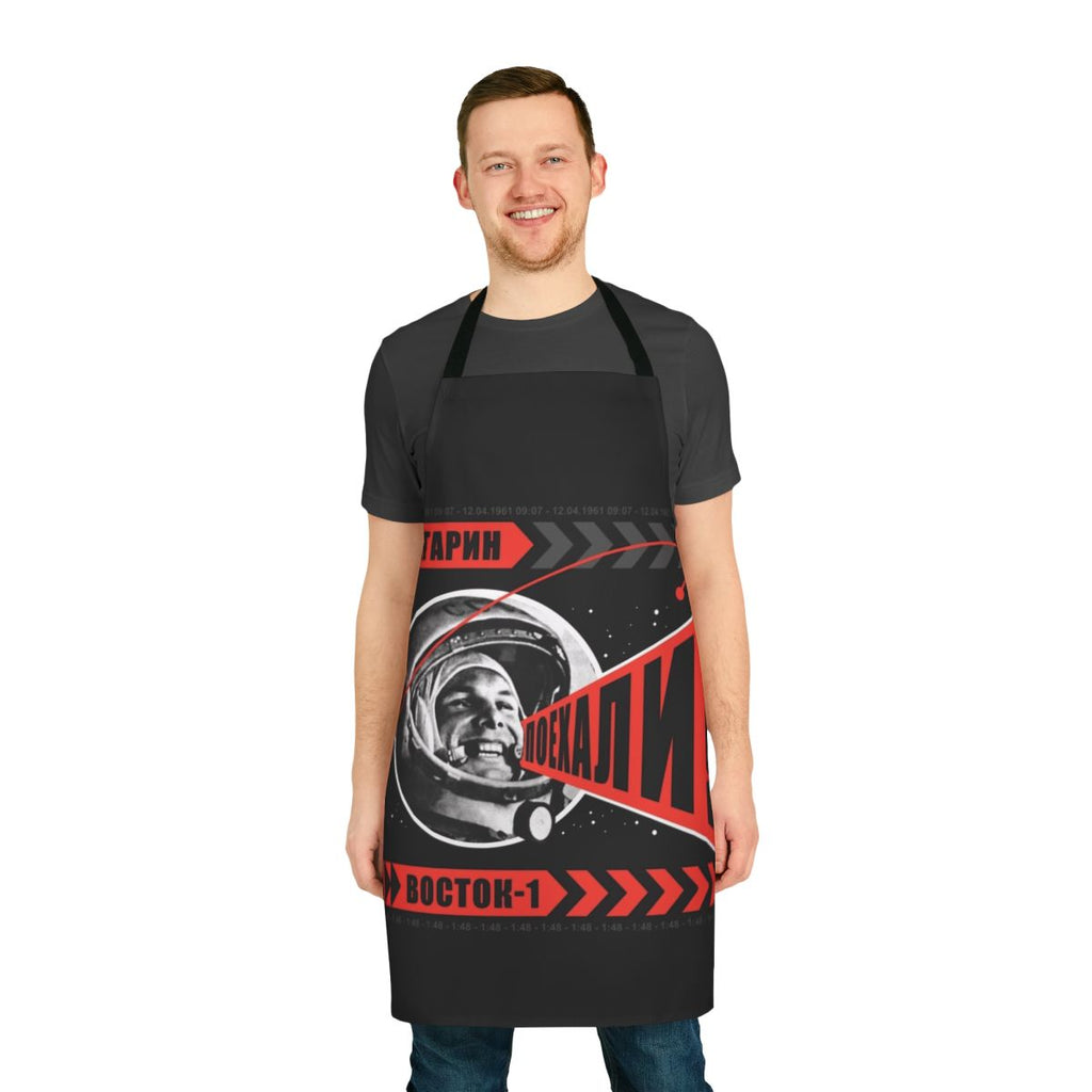 Retro Soviet-Inspired Poyekhali Apron with Cosmonaut and Space Imagery