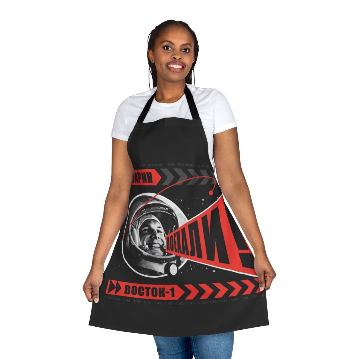 Retro Soviet-Inspired Poyekhali Apron with Cosmonaut and Space Imagery