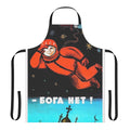 Retro Soviet-style apron with "I See No God Up Here" design, featuring vintage space and science imagery