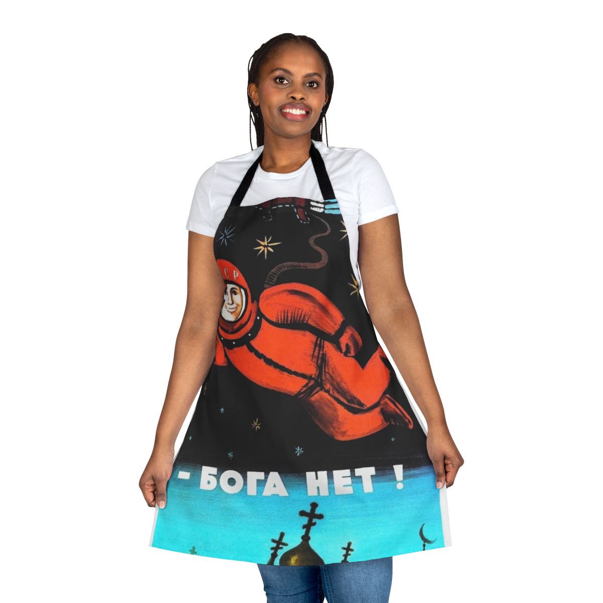 Retro Soviet-style apron with "I See No God Up Here" design, featuring vintage space and science imagery