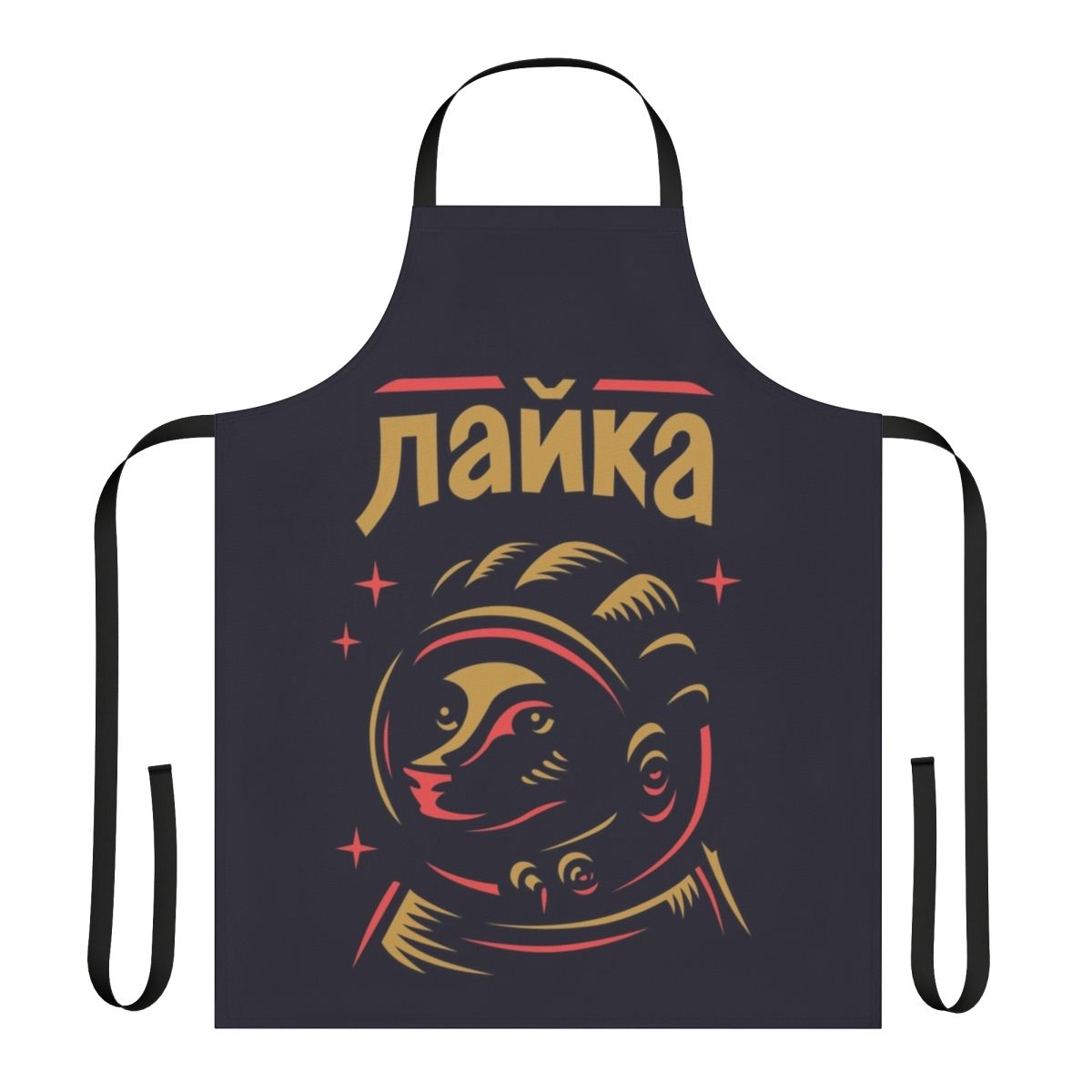 A vintage-style apron featuring the famous Soviet space dog Laika.