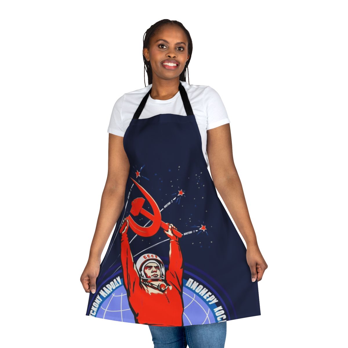 Vintage-style apron featuring a Soviet-era propaganda image of Yuri Gagarin, the first human in space.