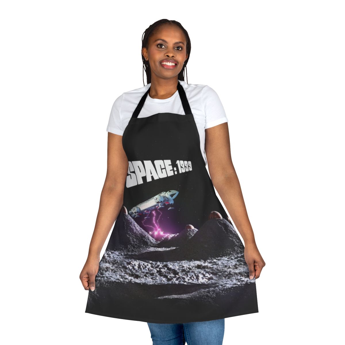 Retro-style apron featuring a geometric pattern design inspired by the sci-fi series Space 1999.