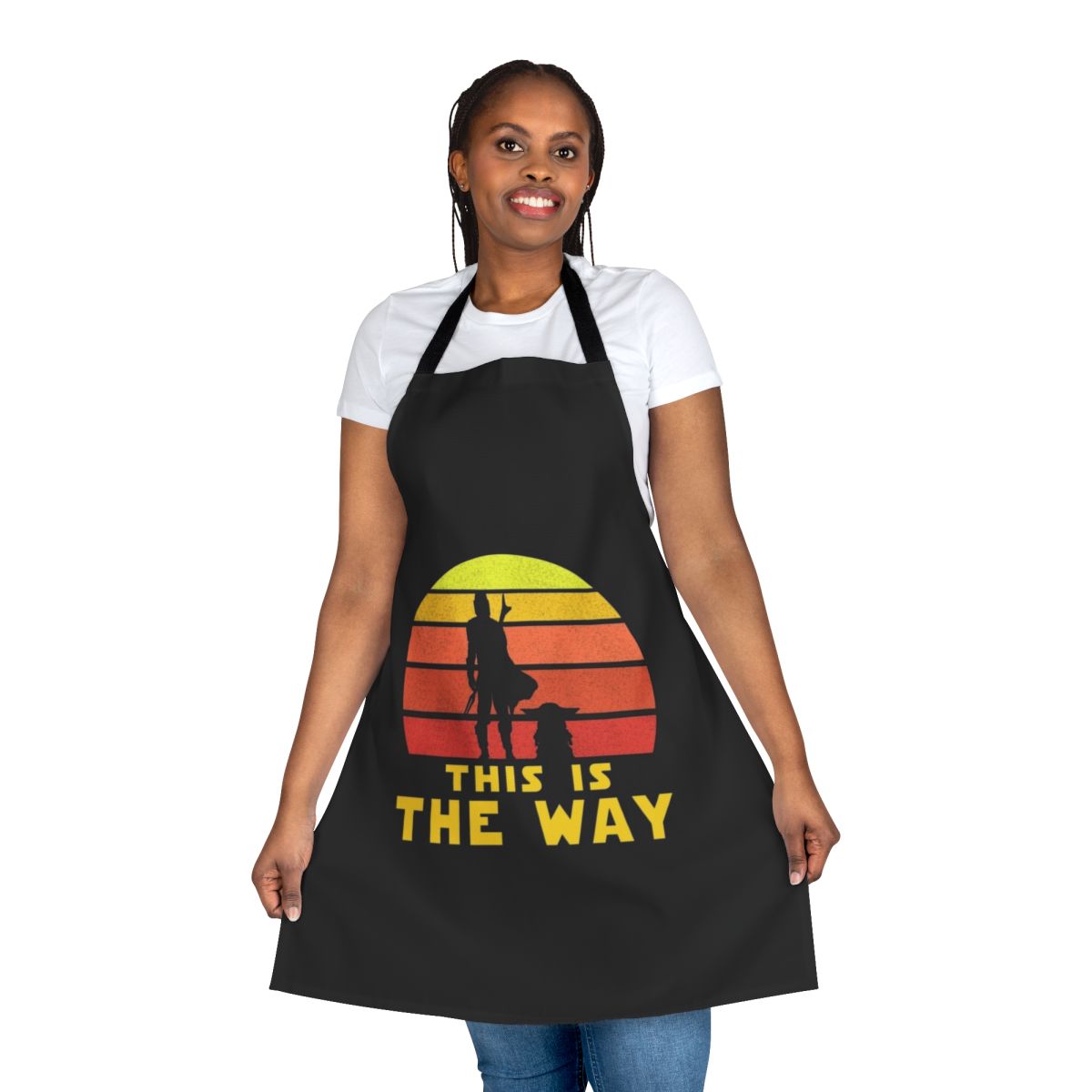 Retro-style apron featuring Mandalorian-inspired design and imagery