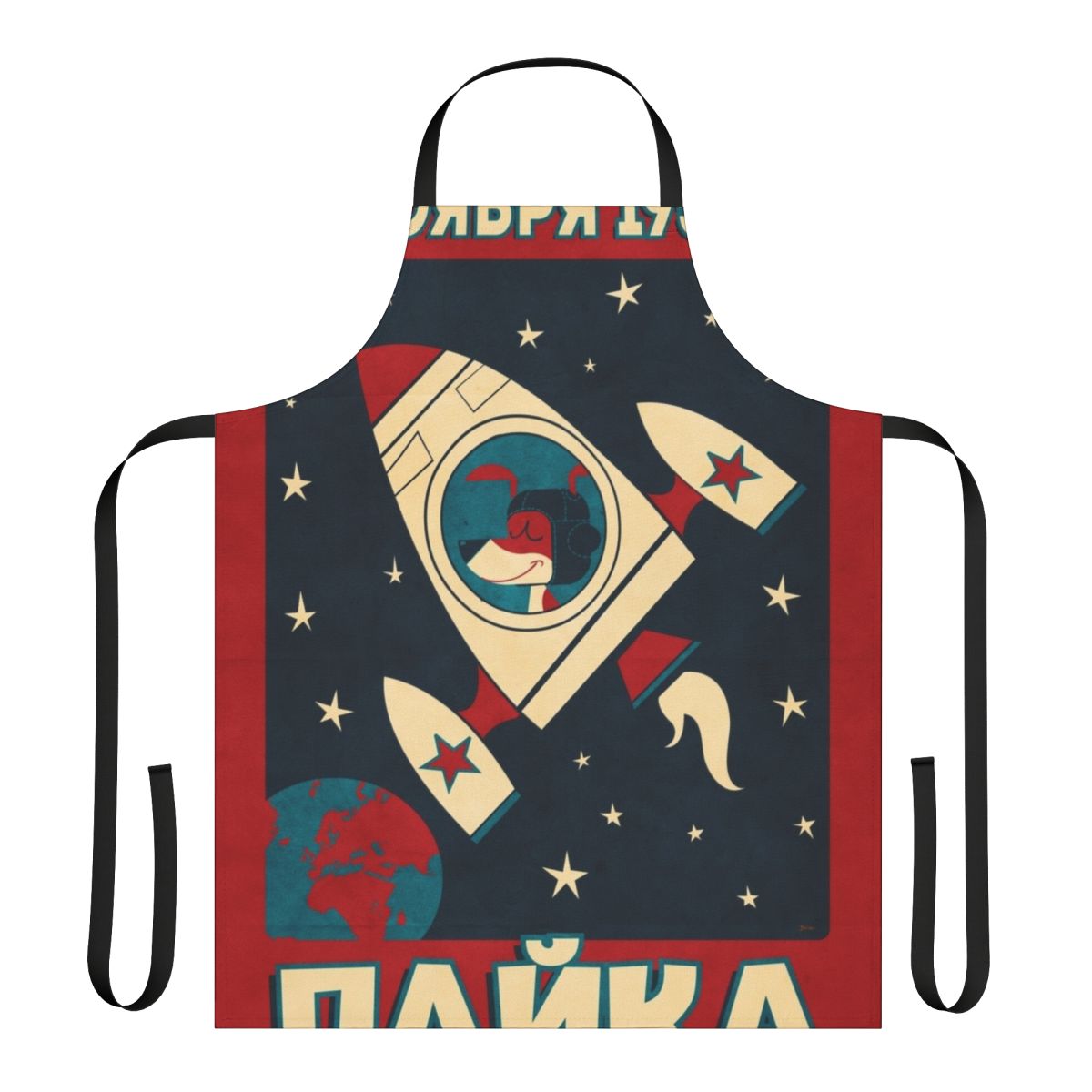 Retro-style apron featuring an illustration of Laika the Soviet space dog