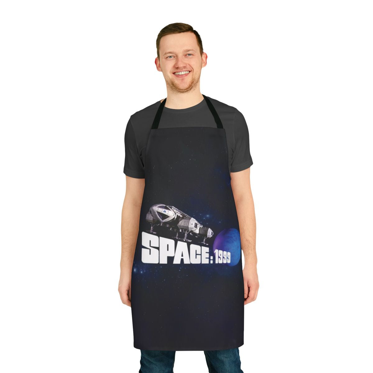 Retro-style apron featuring the iconic Eagle logo and blue planet from the science fiction TV series Space 1999 and Cosmos 1999