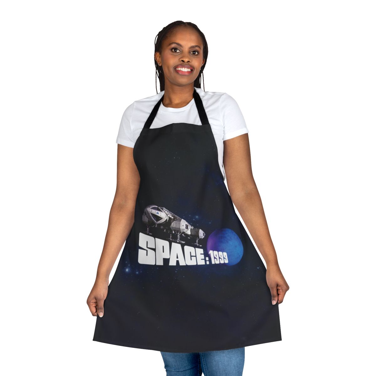 Retro-style apron featuring the iconic Eagle logo and blue planet from the science fiction TV series Space 1999 and Cosmos 1999