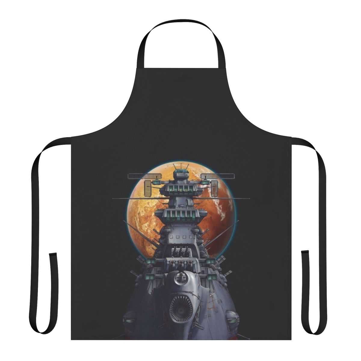 Vintage-style apron featuring a space battleship design inspired by the anime classic Battleship Yamato