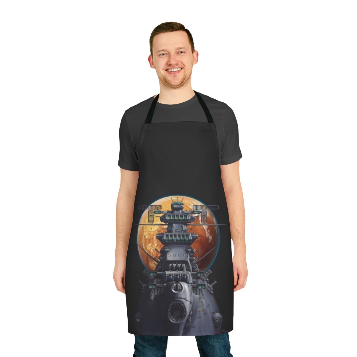 Vintage-style apron featuring a space battleship design inspired by the anime classic Battleship Yamato