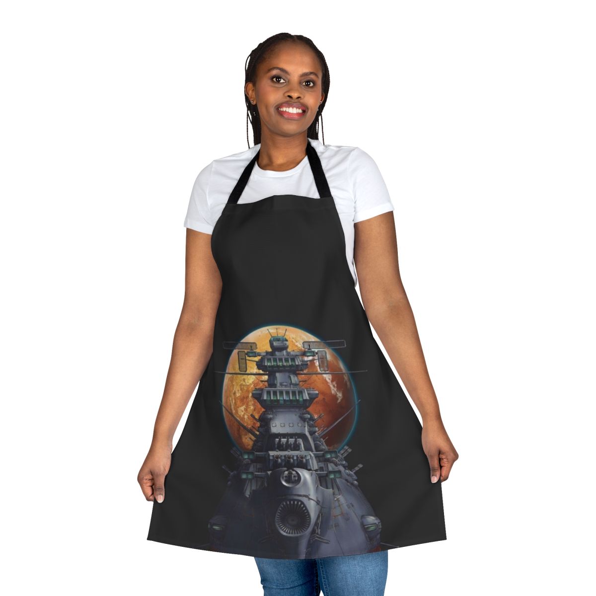 Vintage-style apron featuring a space battleship design inspired by the anime classic Battleship Yamato