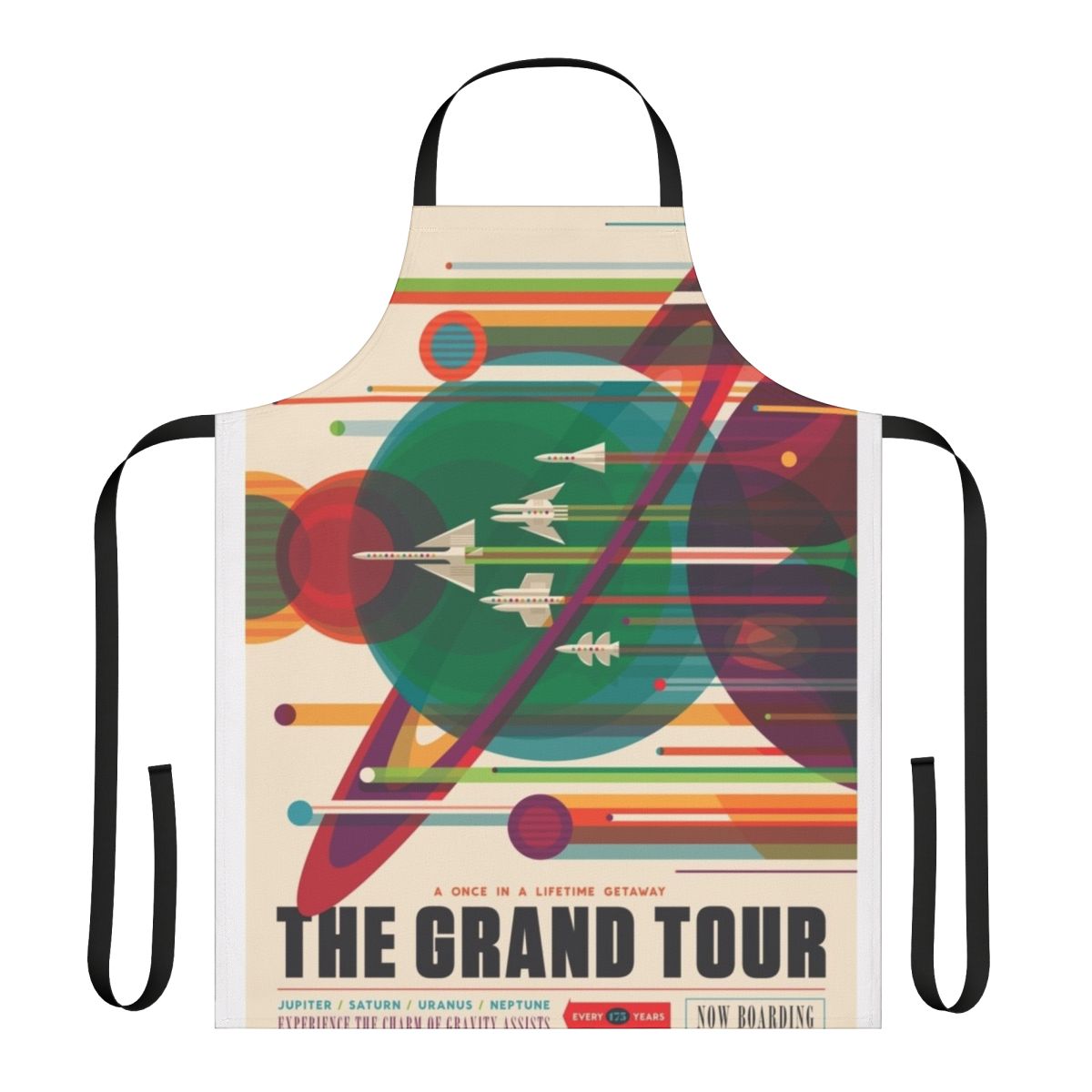 Retro space-themed apron with the design of "The Grand Tour" space travel poster