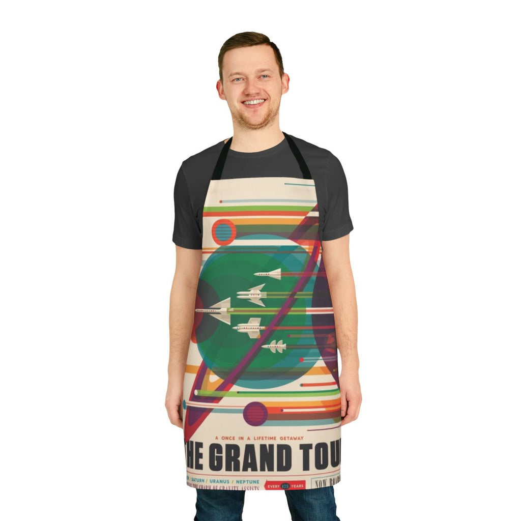 Retro space-themed apron with the design of "The Grand Tour" space travel poster