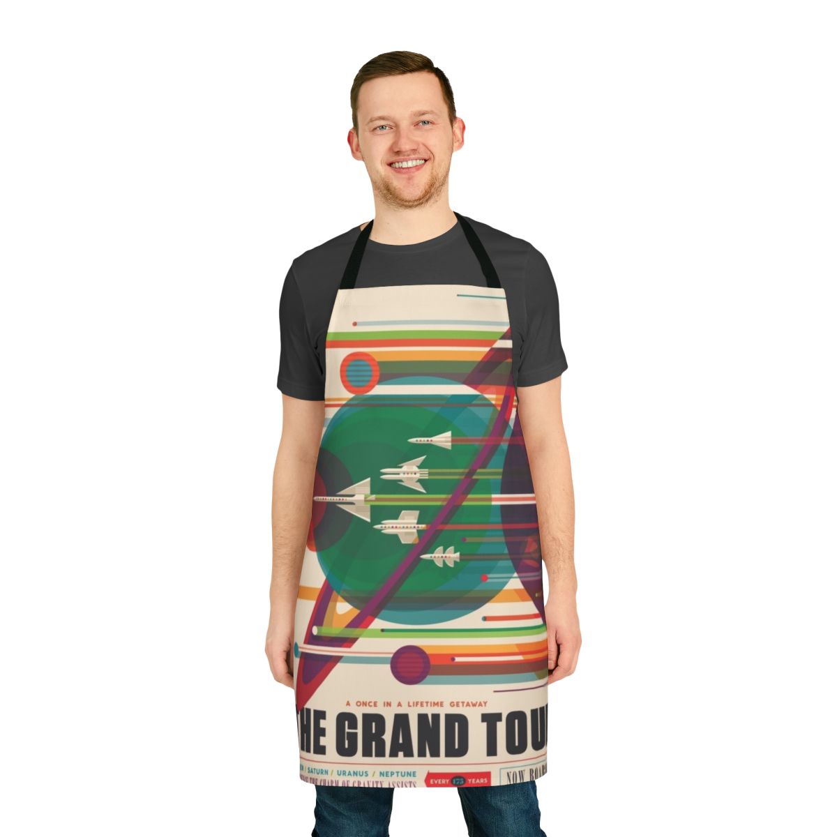 Retro space-themed apron with the design of "The Grand Tour" space travel poster