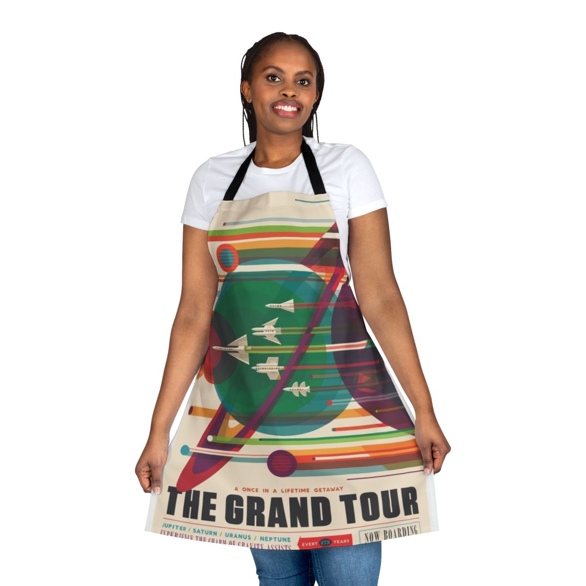 Retro space-themed apron with the design of "The Grand Tour" space travel poster