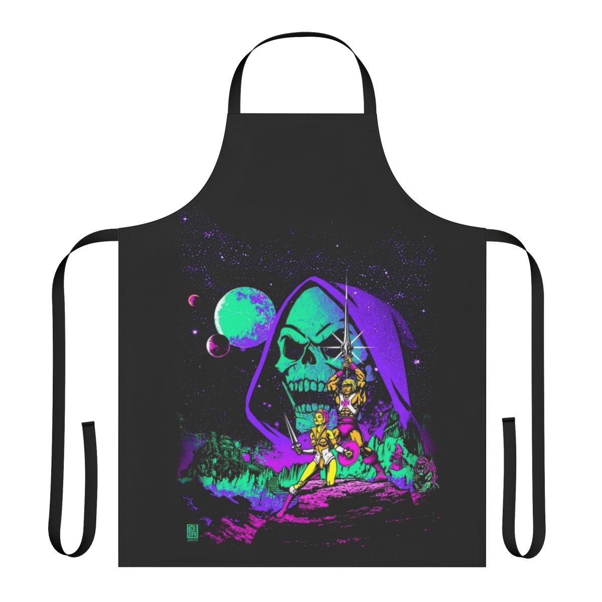 A colorful and eye-catching apron featuring a retro space-themed design inspired by the classic "He-Man and the Masters of the Universe" universe.
