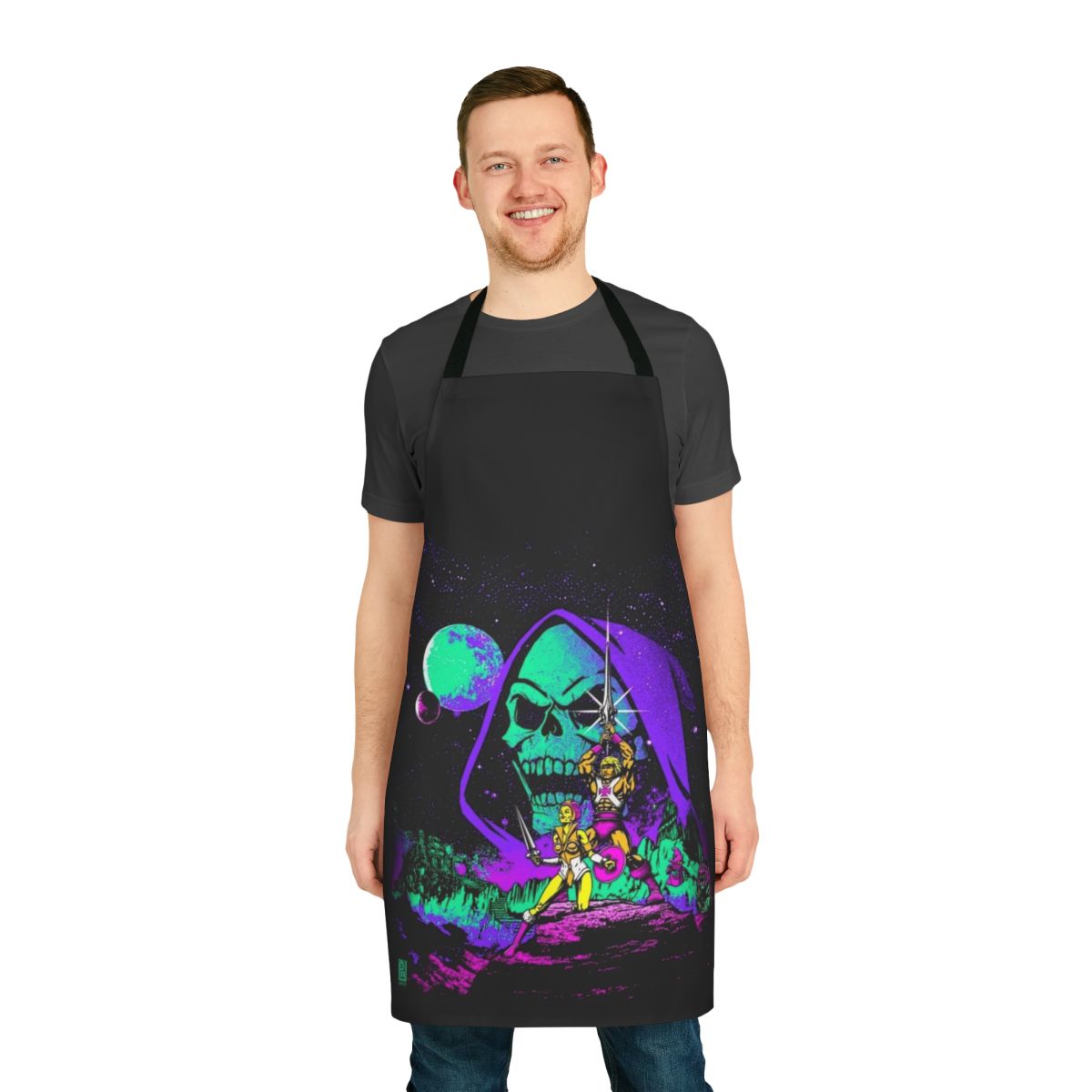 A colorful and eye-catching apron featuring a retro space-themed design inspired by the classic "He-Man and the Masters of the Universe" universe.